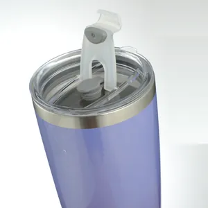 Close-up view of the transparent lid mechanism on this purple insulated tumbler