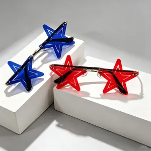 Funky star shaped fashion sunglasses in blue and red shown on minimalist white display blocks
