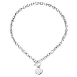 Détail du collier chaîne O en acier inoxydable argenté avec pendentif cœur et fermoir OT.