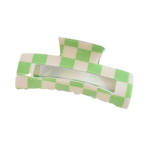 Green and cream checkerboard pattern hair claw clip square PVC hair grip accessory