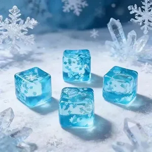 Dettaglio di quattro giocattoli antistress a cubetto di ghiaccio con fiocchi di neve