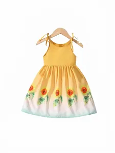 Girls Summer Korean Style Cotton Sunflower Print Sling Princess Dress Yellow A-line Sleeveless Everyday Casual Kids Dress