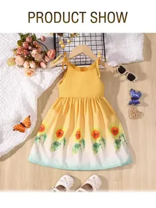 Sleeveless girls summer cotton strap dress featuring yellow sunflower gradient print