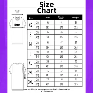 Guide des tailles de t-shirt avec mesures en cm et pouces de XS à 3XL.