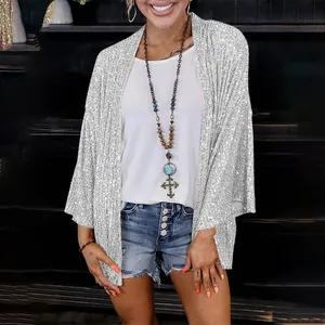 Women's sparkling silver sequin loose cardigan jacket for party or festive wear.
