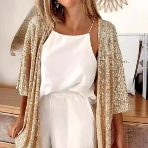 Elegant women's gold sequin cardigan jacket in a loose plus size fit for autumn fashion