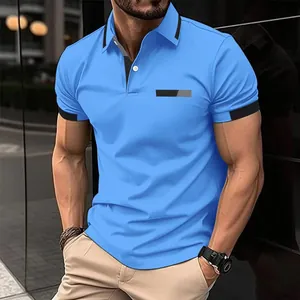 Slim fit men's blue polo shirt featuring contrasting collar and faux pocket detail