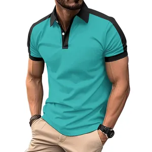Men's turquoise and black color-block cotton polo shirt with stylish slim fit detail view