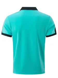 Back view of a men's turquoise cotton polo shirt with black contrast trim