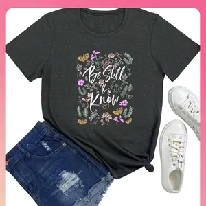 T-Shirt Décontracté en Coton pour Femmes Imprimé Floral Be Still And Know Lettres Manches Courtes Col Rond Top Été