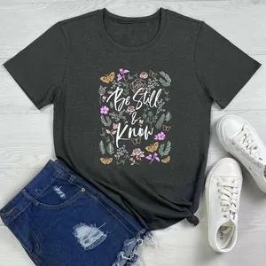 T-shirt décontracté gris foncé pour femme avec imprimé floral Be Still and Know