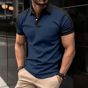 Stylish men's slim-fit navy blue and black polo shirt shown in a close-up detail view