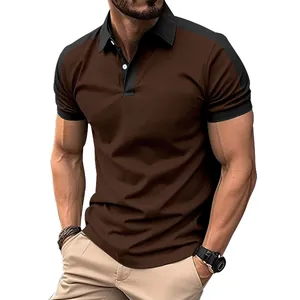 Detail view of a men's contrast color polo shirt featuring brown and black cotton fabric