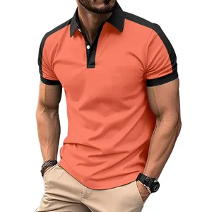 Men's stylish orange and black color-block polo shirt with a turn-down collar design