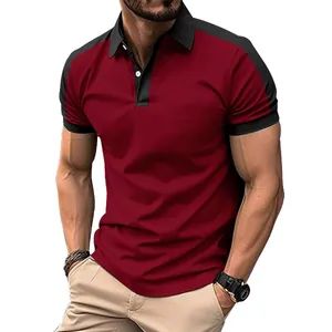 Close-up of a stylish men's red polo shirt with black contrast collar and shoulders
