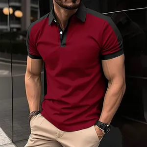Detailed shot of stylish men's red and black color block polo shirt with ribbed cuffs