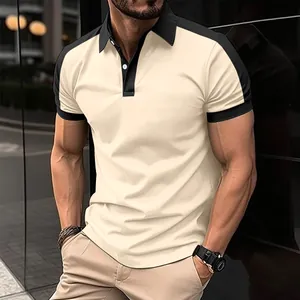 Fashionable men's slim fit polo shirt with black and beige color block design