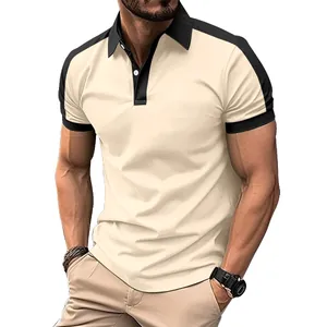 Detailed front view of a stylish men's color-block cotton polo shirt in cream and black.