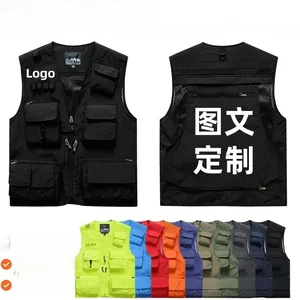 Front and back view of multi-pocket utility work vests available in various colors