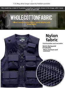 Detail view of navy blue multi-pocket utility vest showing mesh fabric texture.