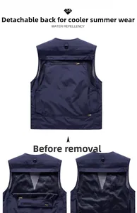Detail view of the breathable mesh back on this navy blue multi-pocket work vest