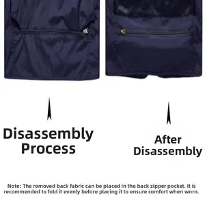 Close-up detail of multi-pocket work vest showing the detachable back storage pocket function