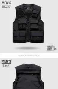 Black men's multi-pocket outdoor vest showing front and back views