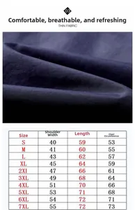 Detail of navy blue work vest fabric with comprehensive size chart from S to 7XL.