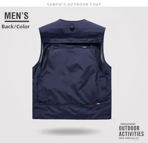 Back view of navy blue multi-pocket utility vest for outdoor work and activities
