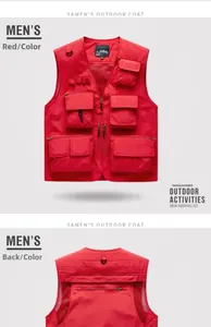 Front and back view of red multi-pocket outdoor utility vest for work and fishing