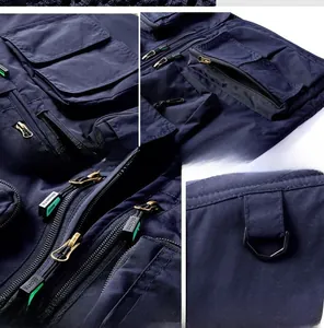 Detail view of multi-pocket navy utility vest zippers and durable storage pockets.