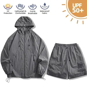 Ensemble veste à capuche et short cargo de protection solaire gris pour hommes