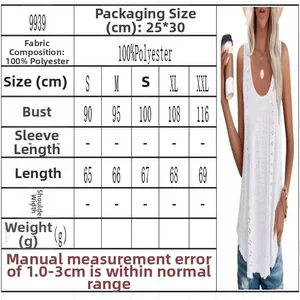 Size chart and detail view of white sleeveless loose fit knit top for women