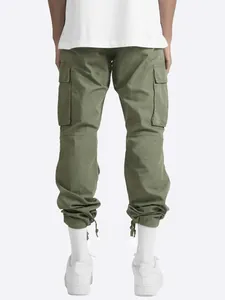 Rear view of men's olive green cargo pants with drawstring hem and side pockets