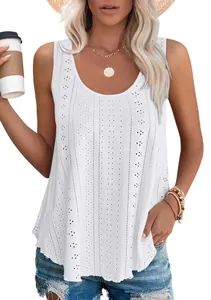 Close-up detail of white sleeveless round neck top featuring delicate eyelet embroidery texture