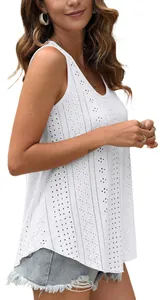 Detail shot of white sleeveless loose T-shirt with intricate eyelet embroidery pattern