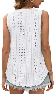Detailed back view of a white sleeveless top with delicate eyelet embroidery patterns
