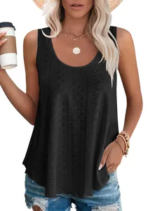 Close-up of black sleeveless round neck tank top featuring eyelet embroidery pattern