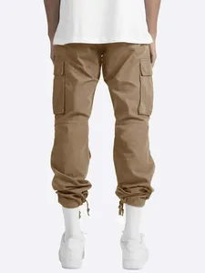 Back view of men's khaki cargo pants with drawstring cuffs and large pockets