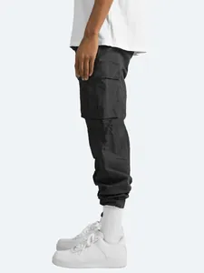Detailed side profile view of mens black cargo pants with side pockets and elastic cuffs