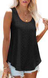 Detailed view of women's black sleeveless top featuring intricate eyelet lace embroidery