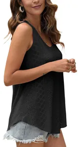 Detail shot of black eyelet lace sleeveless round neck loose fitting summer top