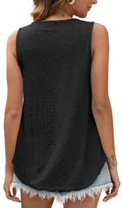 Detailed back view of a black sleeveless eyelet embroidered top showing intricate patterns