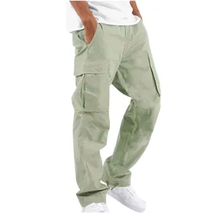 Detail of men's sage green cargo pants featuring multiple utility pockets and straight fit.