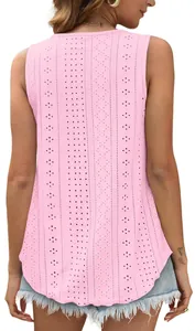 Detailed back view of women's pink sleeveless eyelet lace top with loose fit round neck design