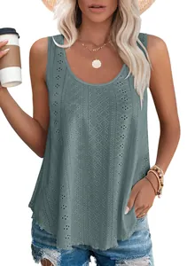 Detailed macro view of the grey sleeveless eyelet top featuring a casual round neck design.