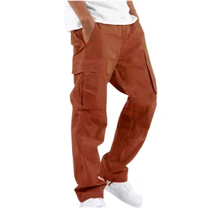 Men's brown cargo pants featuring multiple utility pockets and adjustable drawstring cuffs