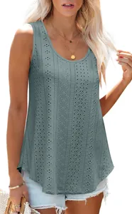 Women's grey-blue eyelet sleeveless tank top featuring a loose fit and round neckline
