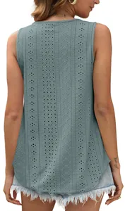 Back view of a sleeveless teal eyelet embroidered top featuring a loose round neck design