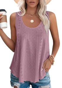 Close-up of women's sleeveless eyelet tank top with a relaxed round neck fit